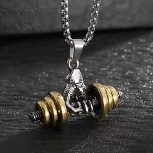 Men’s Dumbbell Pendant Necklace | Silver & Gold Tone Strength Gym Chain Gift